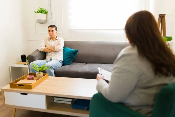 Indifferent Patient Looking Upset Angry While Denial Getting Help His — Stock Photo, Image
