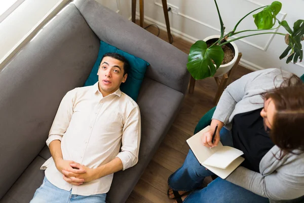 Top View Patient Lying Couch Therapy Getting Advice Help His — Stock Photo, Image
