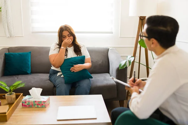 Depressed Woman Crying While Talking Her Problems Depression Professional Man — Stock Photo, Image