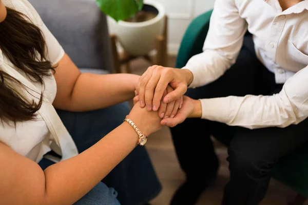 Close Patient Psychologist Therapist Holding Hands While Giving Advice Mental — Stock Photo, Image