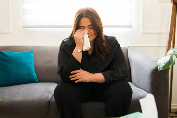 Depressed Woman Grief Mourning Crying Tissue Feeling Very Sad Because — Stock Photo, Image