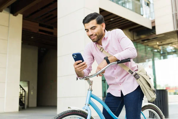 Cheerful Business Man Looking Happy Texting Smartphone While Riding His — Stock Photo, Image