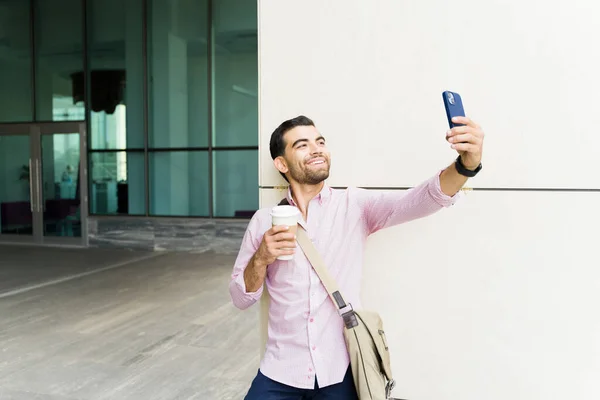Excited Casual Businessman Taking Selfie His Phone Social Media While — Stock Photo, Image
