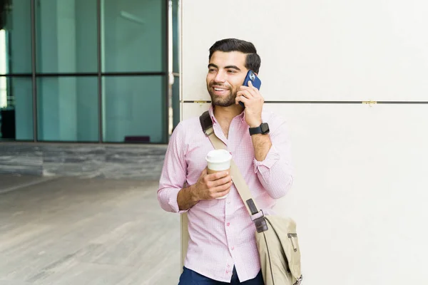 Mexican Young Man Making Business Call Outdoors While Walking Looking — Stock Photo, Image