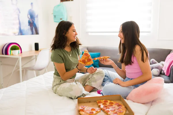 Cheerful Happy Teen Friends Laughing While Enjoying Eating Pizza Together — Stock Photo, Image