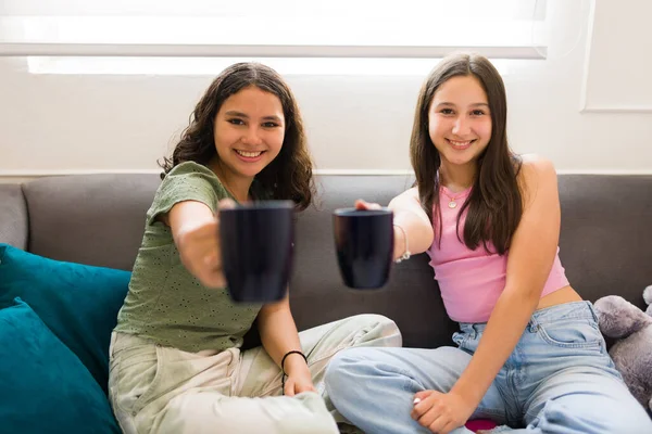 Portrait Happy Beautiful Teen Girls Enjoying Drinking Coffee Tea While — Stock Photo, Image