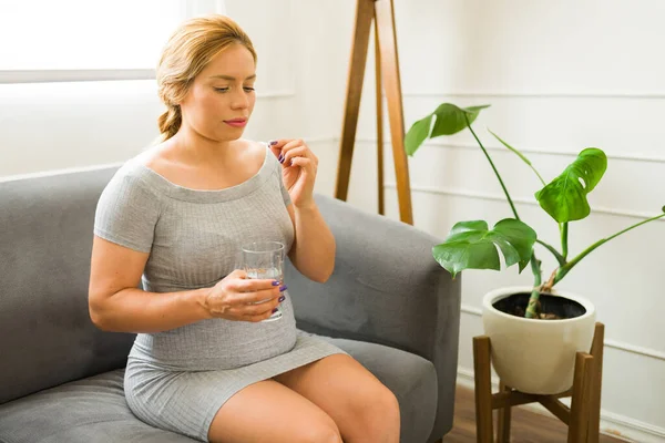 Csinos Terhes Éveiben Vitaminokat Kiegészítőket Szed Terhességére Otthon — Stock Fotó