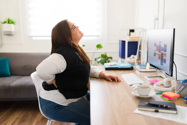 过度肥胖的女商人一边工作一边坐在办公桌前 姿势不好 背痛难忍 — 图库照片