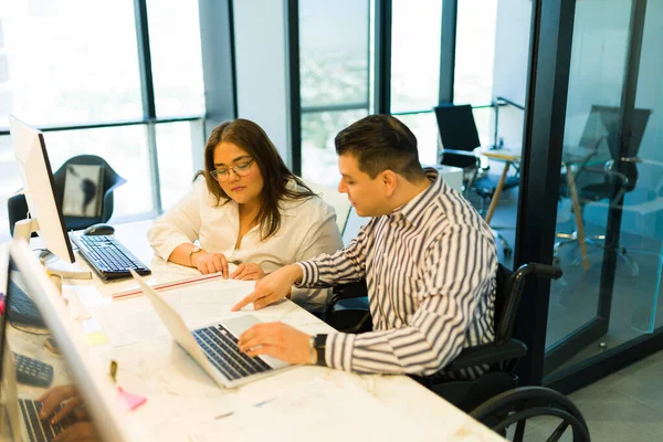 Couple Business People Working Together Modern Office Discussing Project Work — Stock Photo, Image