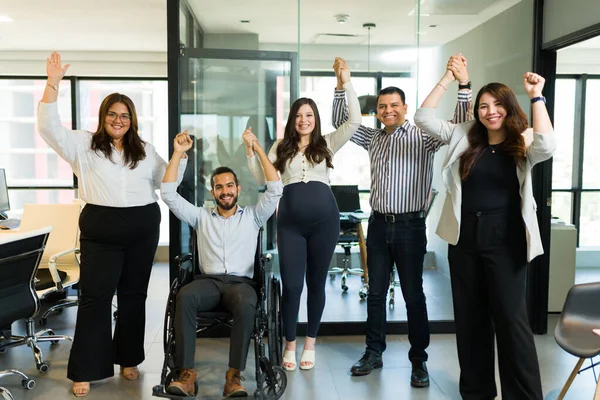 Portrait Group Diverse Office Employees Holding Hands Happiness Team Victory — Stock Photo, Image