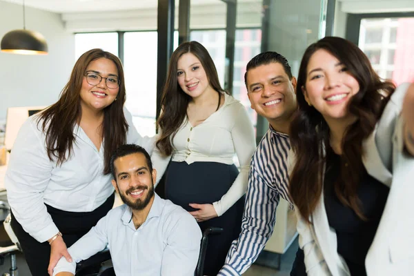Multiracial Group Business Colleagues Taking Selfie Office — Stock Photo, Image