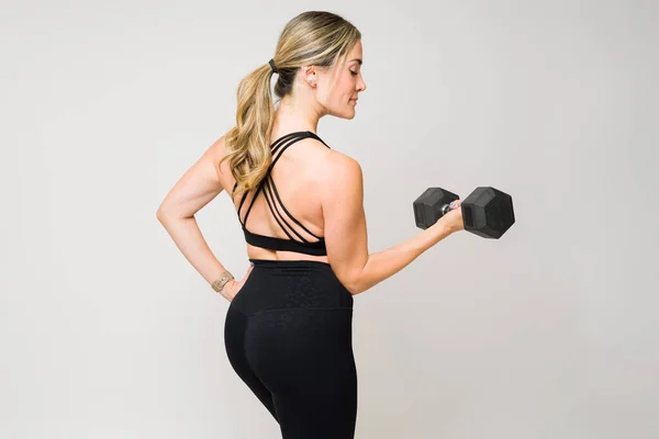 Güzel Fitness Kadını Halter Kaldırıyor Atletizm Eğitimi Sırasında Biseptik Kıvrımlar — Stok fotoğraf