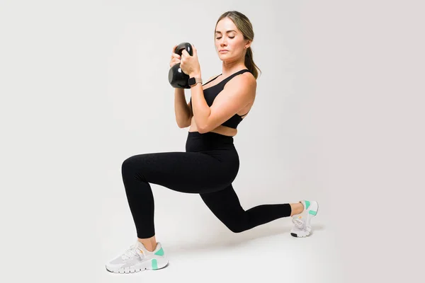Fit Caucasian Woman Doing Bulgarian Squat Exercises Kettlebell Weight While — Stock Photo, Image