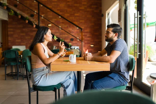 Beautiful Latin Couple Talking Smiling Looking Happy While Having Coffee — Stock Photo, Image