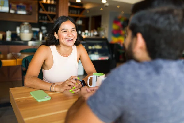 Excited Beautiful Woman Laughing Having Fun Coffee Shop Date Her — Stock Photo, Image