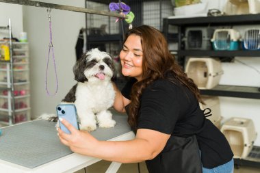 Evcil hayvan tımarcısı olarak çalışan heyecanlı bir kadın güzel bir shih tzu köpeğiyle saçını kestirdikten ve banyo yaptıktan sonra fotoğraf çekiyor.