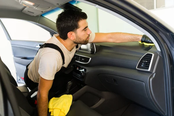 Hispanic Male Worker Cleaning Dashboard Microfiber While Washing Car Auto — Stock Photo, Image