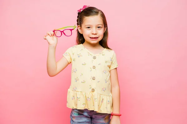 Happy Little Elementary Kid Suffering Nearsightedness Taking Her Prescription Glasses — Stock Photo, Image