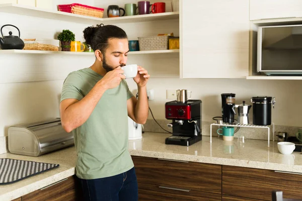 Relaxed Latin Young Man Drinking Hot Cup Coffee Morning While — Stock Photo, Image