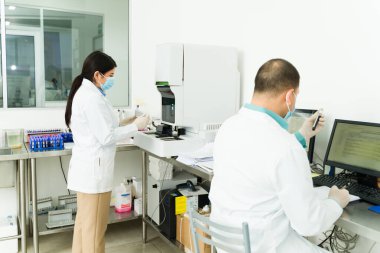 Laboratuvarda tıbbi test sonuçları üzerinde çalışan kimyagerlerin ve laboratuvar teknisyenlerinin arka görüntüsü.