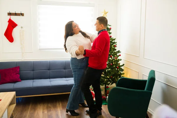 Romantic Happy Couple Dancing Living Room Smiling Feeling Love While — Stock Photo, Image
