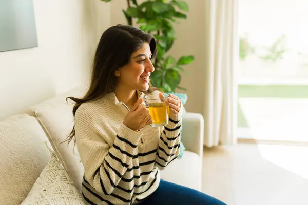 Relaxed latin young woman smiling while relaxing drinking chamomile tea during a cozy leisure time in the beautiful living room