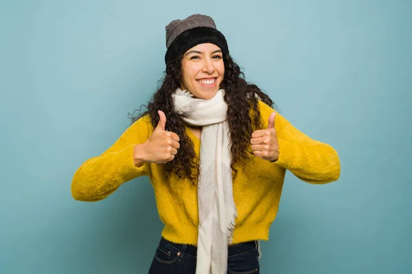 Positive Happy Latin Woman Wearing Knit Hat Scarf Enjoying Winter — Stock Photo, Image