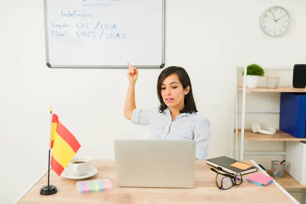 Smart attractive woman working as a language virtual teacher pointing to the lesson on the board while teaching online Spanish lessons
