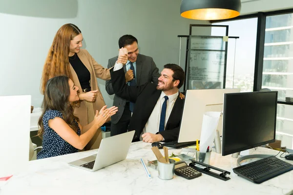 Portrait Successful Businessman Getting Recognition His Coworkers Office — Stock Photo, Image