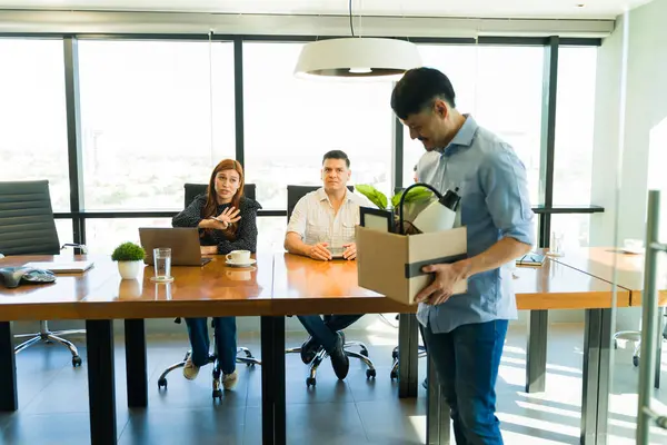 Three Business Partners Looking Upset Firing One Employees Office — Stock Photo, Image