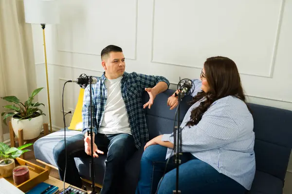 Hispanic Man Podcast Host Talking Woman Guest Talk Show While — Stock Photo, Image