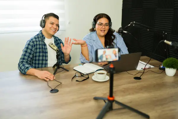 Happy Hispanic Podcast Hosts Smiling Doing Online Live Stream Using — Stock Photo, Image