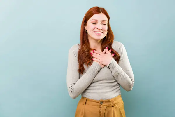 Grateful Woman Red Hair Hand Her Heart Feeling Love Thankful — Stock Photo, Image