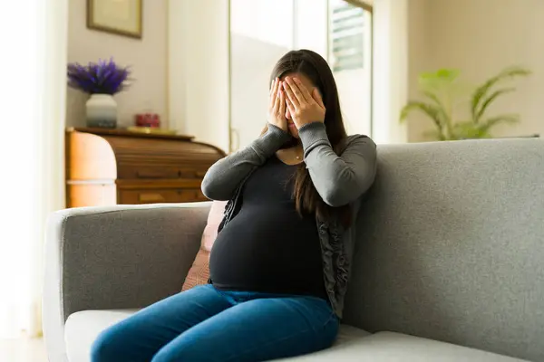Hormonal Pregnant Woman Crying Feeling Sad Home Having Negative Emotions — Stock Photo, Image