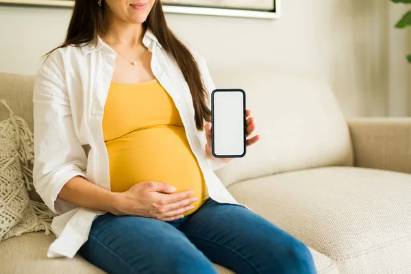 Mutlu Bir Kadın Hamile Karnına Dokunuyor Mesajlaşırken Sosyal Medyada Ebeveynliği — Stok fotoğraf