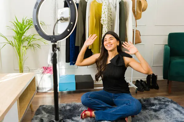 Cheerful Female Vlogger Waving Her Audience While Recording Video Cozy — Stock Photo, Image
