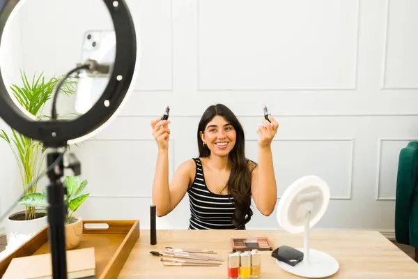 Smiling Woman Holding Cosmetics While Filming Beauty Tutorial Ring Light Stock Picture