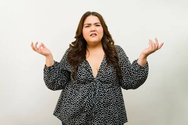 Expressive Size Woman Shows Confusion Doubt Hand Gestures White Studio — Stock Photo, Image