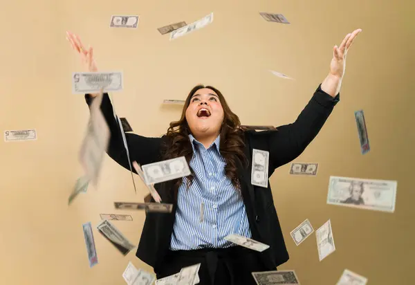 Joyful Size Woman Business Attire Surrounded Flying Money Studio Environment — Stock Photo, Image