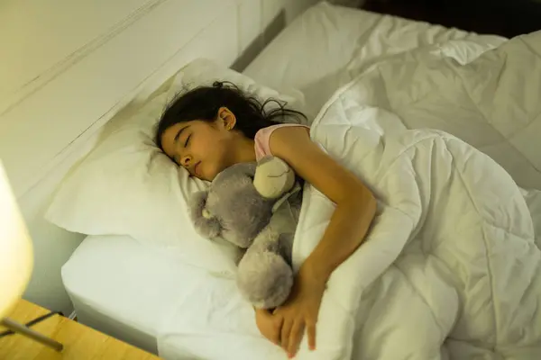 평화로운 히스패닉 소녀는 부드러운 조명과 그녀의 편안한 침실에서 채워진 동물을 스톡 사진