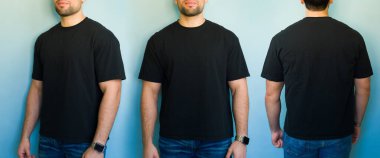 Siyah tişört modeli sergileyen bir adam, hem ön hem de arka görünümü olan, eşsiz tasarım kavramlarını sergilemek için ideal