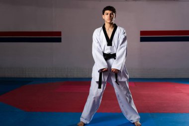 Kendine güvenen genç erkek atlet tekvando çalışıyor. Dobok ve siyah kuşak takıyor. Antrenman minderinin üzerinde dövüşmeye hazır.