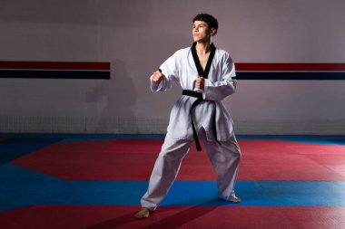 Tekvando antrenmanı yapan genç bir atlet. Dobok ve siyah kuşak takıyor. Antrenman minderinin üzerinde duruyor.
