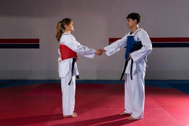 İki dövüş sanatları dövüşçüsü tekvando antrenmanında el sıkışıyor, saygı ve sportmenlik gösteriyorlar.