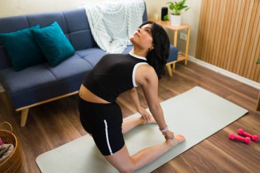 Latin bir kadın oturma odasında yoga minderinde poz veriyor ve sağlıklı bir yaşam sürüyor.