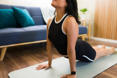 İspanyol kadın oturma odasındaki mindere urdhva mukha svanasana yoga pozu vererek sağlığını ve sağlığını destekliyor.