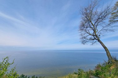 Parlak mavi gökyüzü manzarası. Sakin, sakin, sakin hissediyorum. Doğanın bileşimi. Deniz yüzeyindeki yaz dalgalarının arka planı