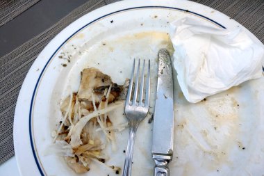Dirty plate on the table in a cafe or restaurant after eating