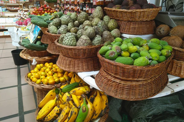 Exotic fruits on the counter. Delicious and healthy tropical fruits