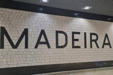 Madeira, Portugal, 24 November 2022: Madeira inscription from tiles at Funchal Airport, Portugal
